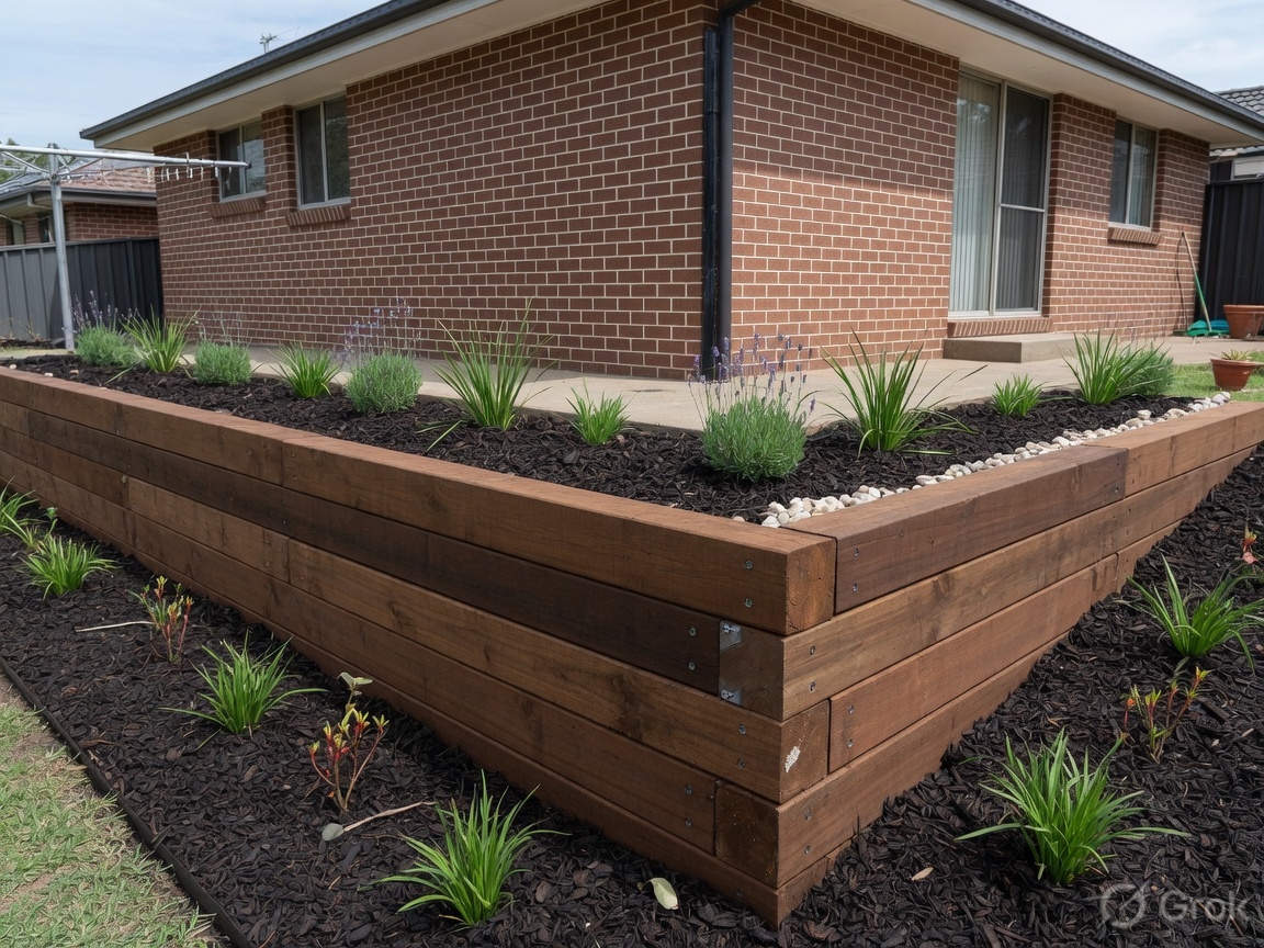 Timber sleeper retaining wall in an Australian backyard